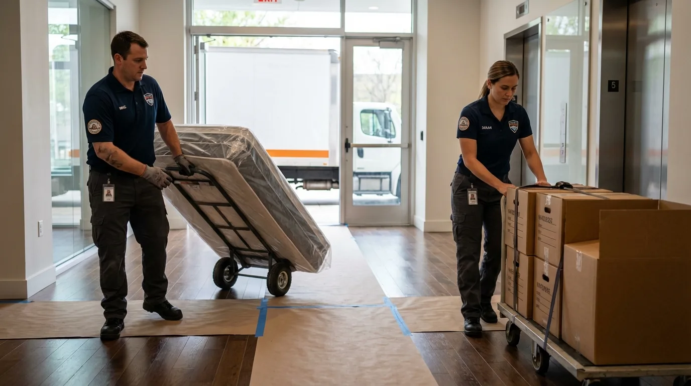 Professional apartment movers loading elevator in Signal Mountain, TN