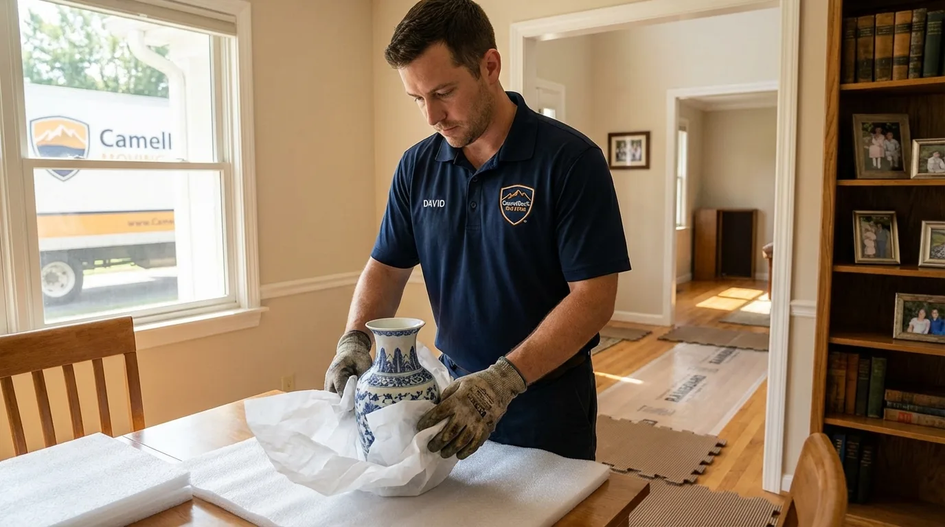 Professional crew carefully wrapping antique vase for senior downsizing move in Signal Mountain, TN